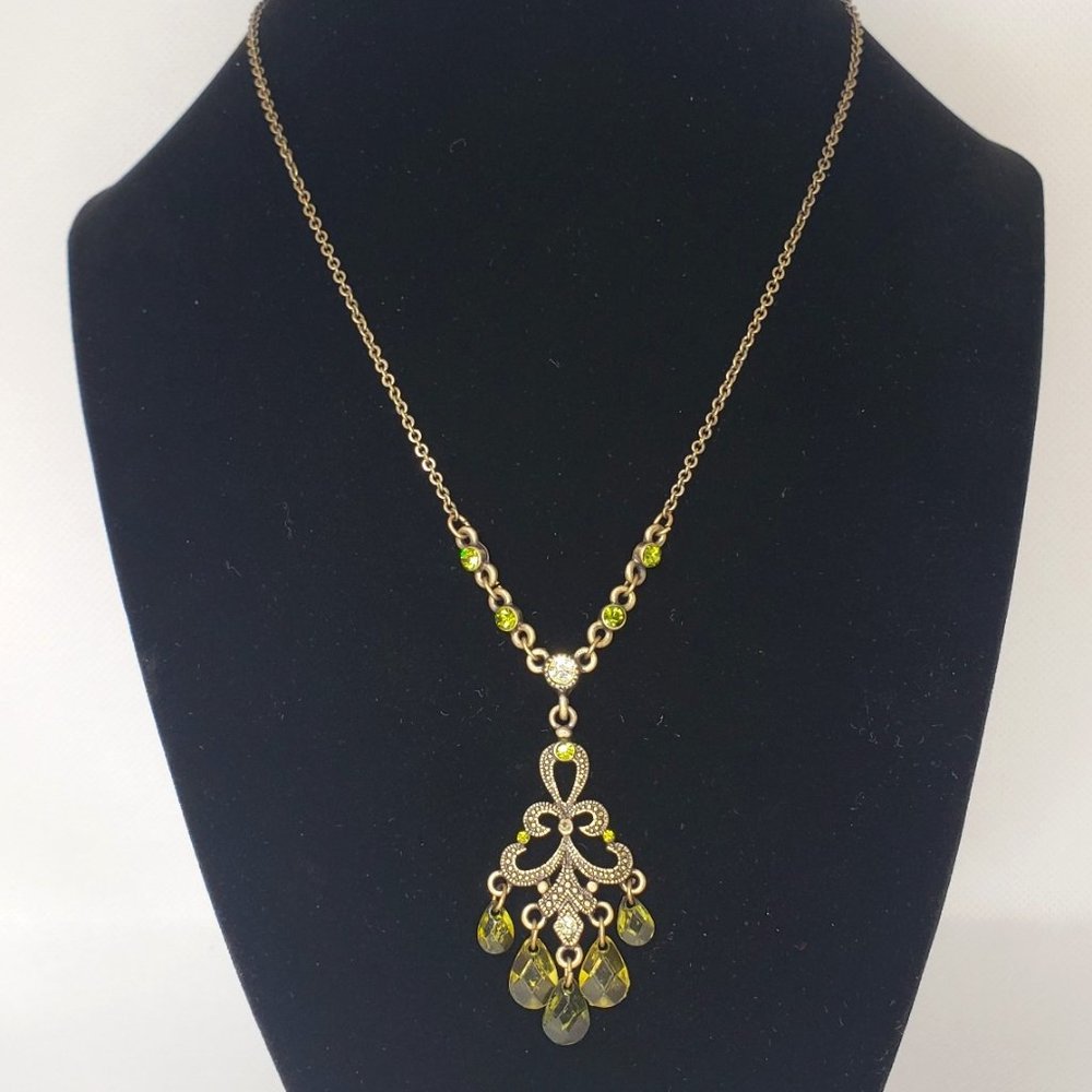 1928 Gold-tone Necklace with Olive Green Crystal Drops